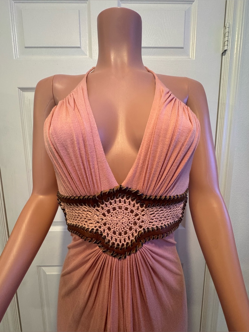 Sky Brand Rose Pink Maxi Dress with Brown Crochet Waist Size S - Picture 3 of 9
